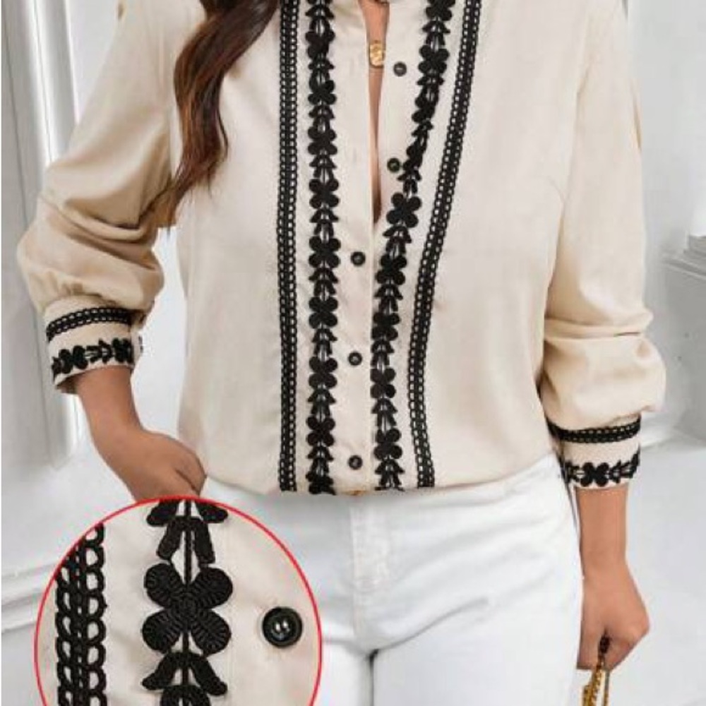 Chic Cream and Black Embroidered Blouse